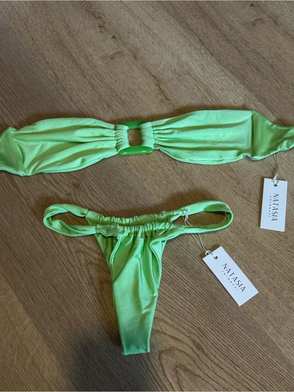 NWT Natasia Swim “Lleo” Neon Green Bikini Set — Bandeau Top & Cheeky Bottom